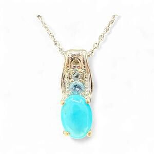 Natural Blue Turquoise Blue Topaz  Pendant Necklace 925 Sterling Silver STS